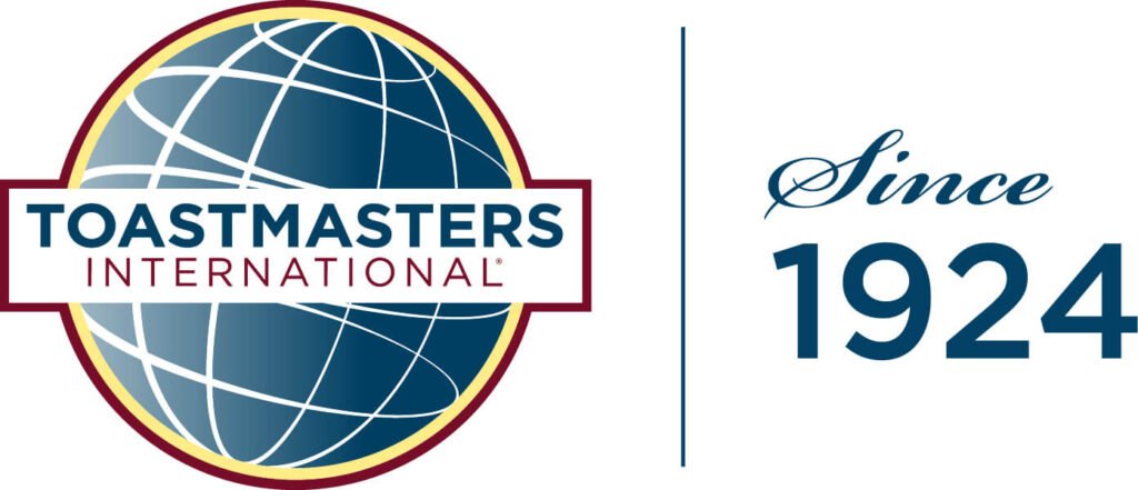 A logo with a blue and gold globe design on the left with the text "Toastmasters International" and on the right, the text "Since 1924.