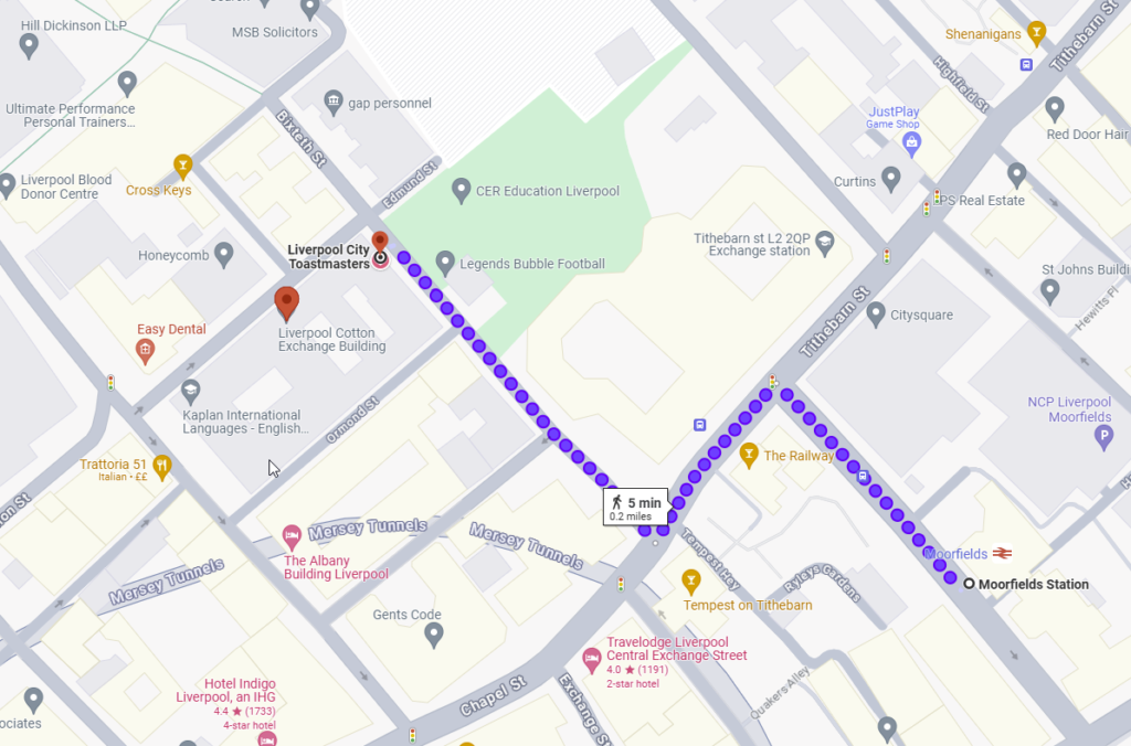 Map showing a 5-minute walking route from Moorfields Station to Liverpool City Toastmasters, marked by a purple dotted line. Various landmarks, roads, and buildings are labeled along the route to guide attendees to their weekly meetings.